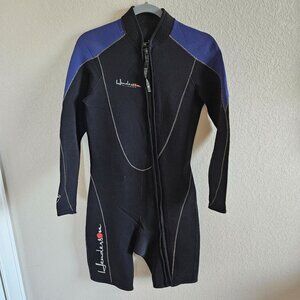 Henderson Aquatics A653MF Dive Wet Suit Size M Shorty Black & Blue Front Zip